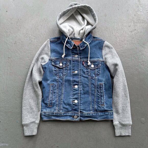 Levi’s Hybrid Twofer Hooded Denim Jean Trucker Jacket - Dark Wash Gray Wmns XS - Picture 2 of 12